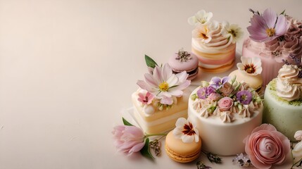 Assorted floral desserts on neutral empty background in pastel tones. Suitable for bakery advertising, menu covers, food blogs and seasonal spring campaigns.