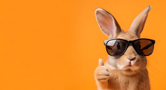 Cool easter bunny wearing sunglasses giving thumbs up on orange background