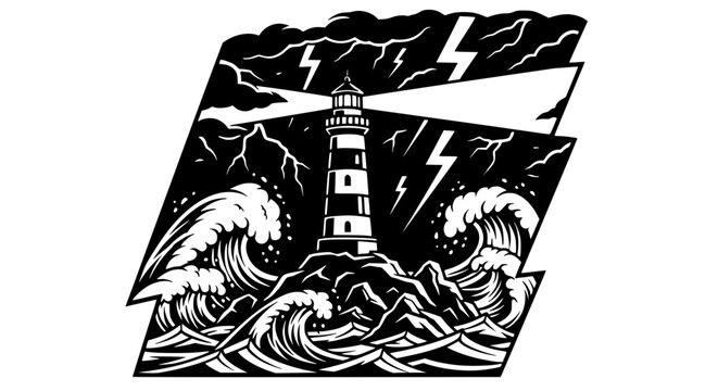Vector illustration of lighthouse during storm at sea, strong waves crashing, lightning in sky, dynamic composition, bold outlines, flat design, limited color palette, dramatic nautical concept