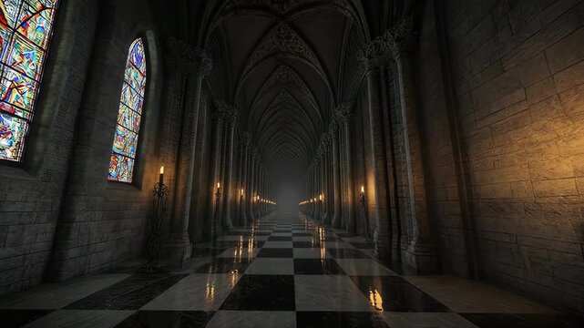 Dark Gothic Church Interior with Stained Glass.