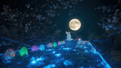 Naklejka premium Glowing easter eggs and bunny in basket under full moon with cherry blossoms glowing eggs