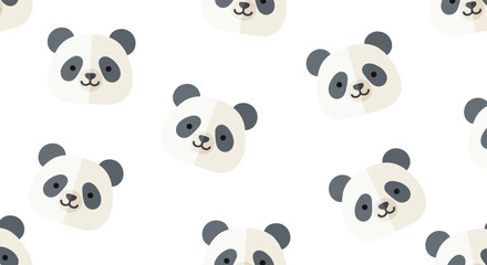 Fototapeta premium Seamless pattern with adorable cartoon panda bear heads on a simple white background, creating a cute and cheerful animal-themed wallpaper or textile design.