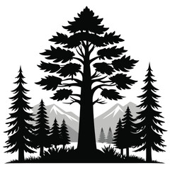 Fototapeta premium giant tree pine forest silhouette line art vector illustration with a white background