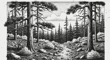 Black and white illustration of a forest path with pine trees and rocks. © halim