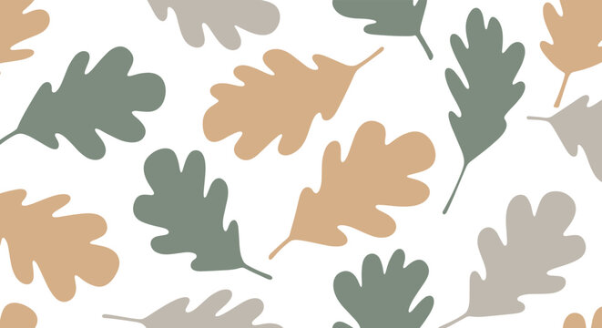 Simple and modern seamless pattern of oak leaf silhouettes in muted, earthy colors like sage green and beige creates an elegant and natural botanical background.
