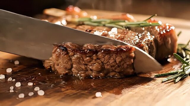 Cinematic Slow Motion Slicing Medium Rare Ribeye Steak &ndash; Juicy Beef with Rosemary on Wooden Board 4K