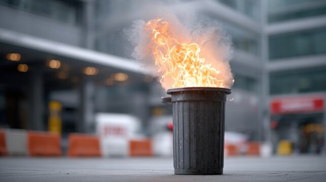 Burning black trash can emitting flames and smoke, chaotic atmosphere with police presence, highlighting danger and violence in urban environment