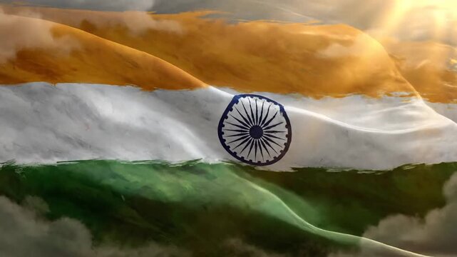 Vibrant indian tricolor backdrop with spinning ashoka wheel and flowing colors