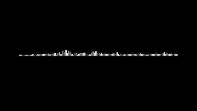 White sonic audio wave, sound frequency spectrum, black screen 4k video, music visualizer animation, digital voice equalizer, rhythmic beat movement, abstract sound graphics art.