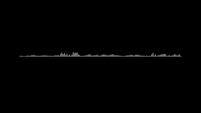 White sonic audio wave, sound frequency spectrum, black screen 4k video, music visualizer animation, digital voice equalizer, rhythmic beat movement, abstract sound graphics art.
