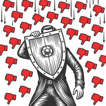man hiding behind a shield while red dislike icons rain down, symbolizing online criticism and social media backlash sketch engraving generative ai raster illustration. Scratch board. Black and white.