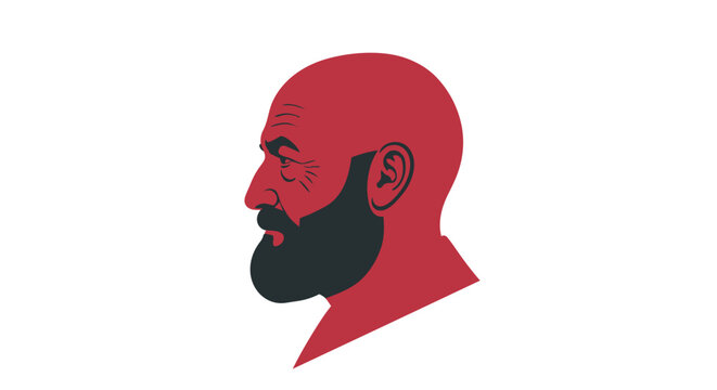 A red silhouette of a bald man with a beard