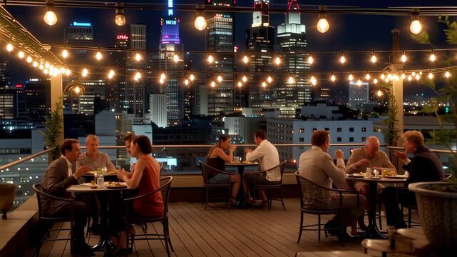 Elegant couple having a romantic dinner at a rooftop bar with a spectacular metropolitan city view at night, while other people dine in a luxurious atmosphere