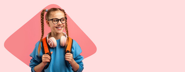A girl stands with a backpack and headphones. She has braids and wears glasses. The background is a...