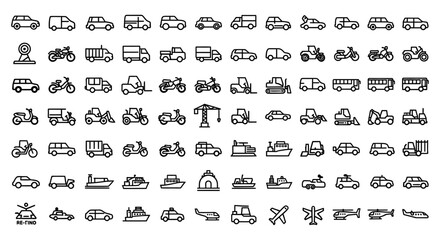Collection of various vehicle and transportation line drawings in a grid format © arfanah02