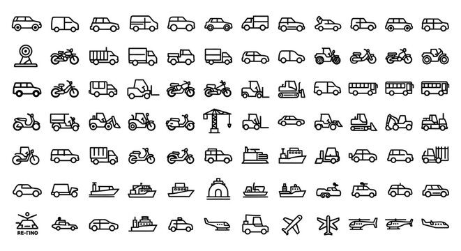 Collection of various vehicle and transportation line drawings in a grid format