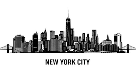 Fototapeta premium A minimalist black and white skyline illustration of new york city with iconic landmarks