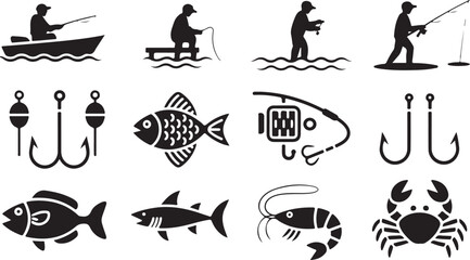 Fototapeta premium A comprehensive set of fishing related silhouettes featuring anglers, equipment, and various marine animals