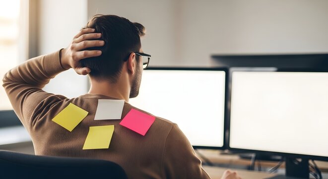 April fool prank sticky notes on back office worker