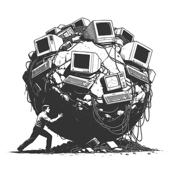 man pushing a giant sphere made of outdated electronics, symbolizing the burden of modern technology sketch engraving generative ai raster illustration. Scratch board imitation. Black and white image.