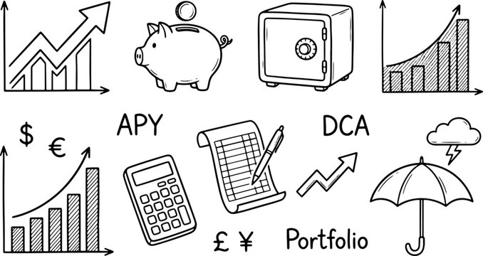 Assortment of sketched financial management icons depicting rising bar charts, APY label, DCA notation, currency signs, and protective umbrella against economic storm.