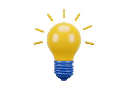 A bright yellow light bulb with blue base and rays on a white background isolated on transparent background