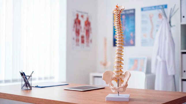 Anatomical spine model on desk in medical office. Chiropractic or orthopedic consultation room background