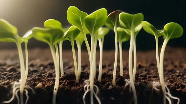 New Growth Young Seedlings Sprouting from Rich Soil with Visible Roots.