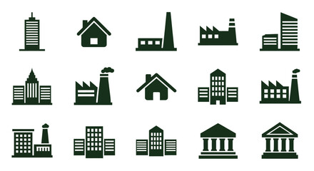 Collection of dark green building icons against a white backdrop silhouette © MSTMARIA