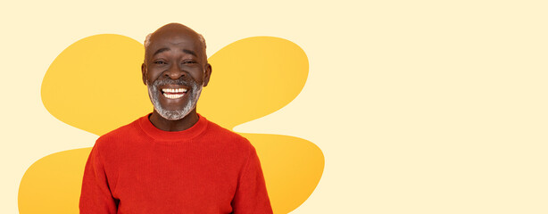 A man stands smiling with joy in front of a bright yellow background. He wears a red sweater. The collage includes colorful shapes and patterns that add to the cheerful atmosphere. © Prostock-studio
