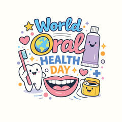 Colorful illustration promoting world oral health day with dental hygiene items and a smiling tooth