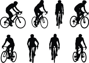 Obraz premium Cyclist silhouettes vector illustration, diverse bicycle riding positions, sports training design, athletic movement concept, cycling stances artwork,