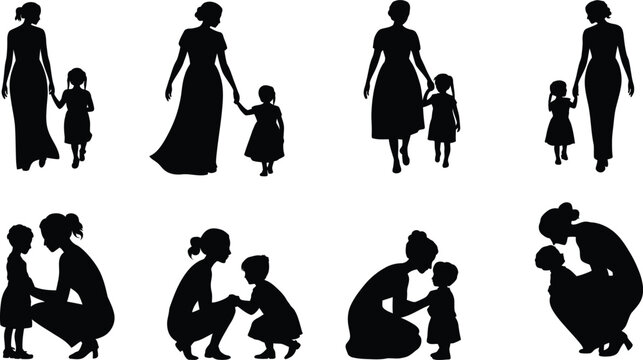 Mother and child silhouettes, parenting bond, family care, nurturing relationship, maternal love, walking together, embracing child, guidance, motherhood vector illustration, parenting concept art