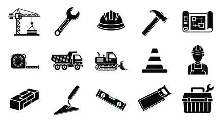Fototapeta premium Construction tools and equipment depicted in a black silhouette
