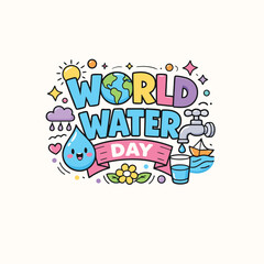 Colorful cartoon illustration promoting world water day with a globe water droplet and tap high-quality