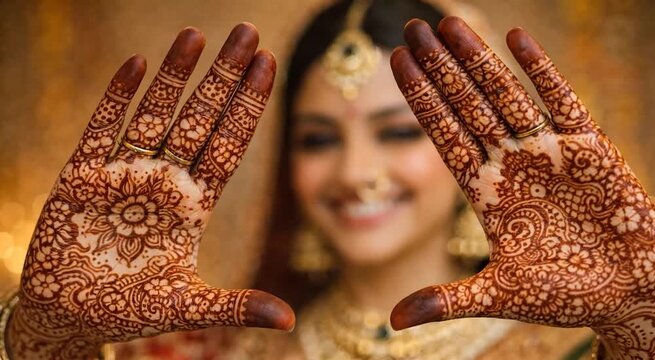Indian Bride Showing Mehndi Hands Close Up for Wedding Promotion Bridal Beauty Advertisement and Traditional Ceremony Marketing
