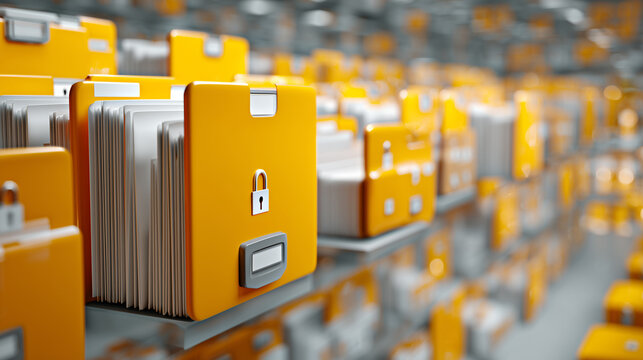 secure document archiving process with lock icons and organized folder hierarchy inside a digital database environment