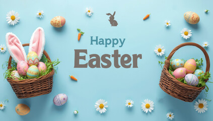 Easter baskets with eggs and bunny ears on light blue background with flowers