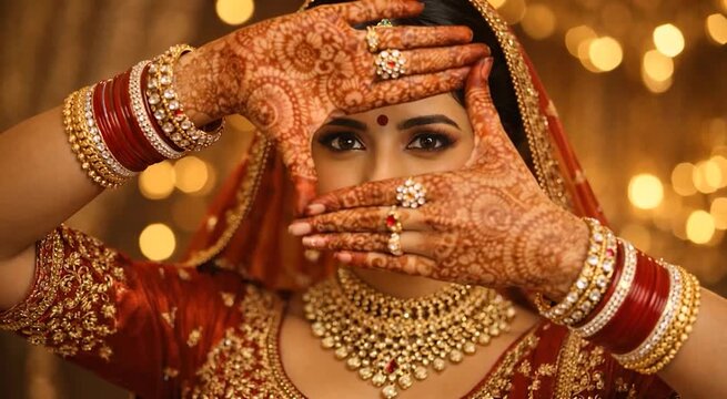 Indian Bride Framing Face with Mehndi Hands in Red Bridal Lehenga for Wedding Promotion Henna Tradition Advertisement and Cultural Ceremony Marketing