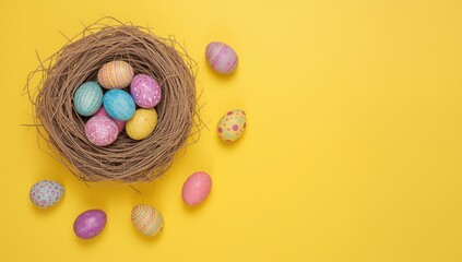 Colorful easter eggs in a nest on yellow background with scattered eggs around colorful eggs