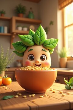 Lindo personaje de taz&oacute;n de lentejas de dibujos animados en 3D con bordes redondeados y una sonrisa amable