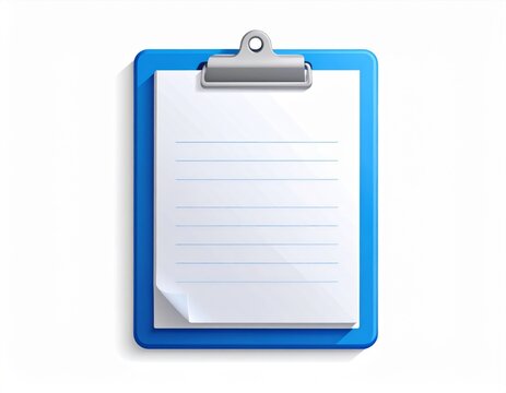 Blue Clipboard with White Paper and Silver Clip Isolated on White Background