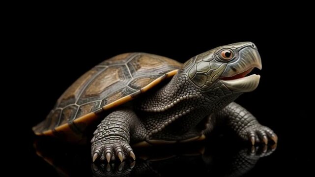 Small turtle with open mouth, close-up, against black background
