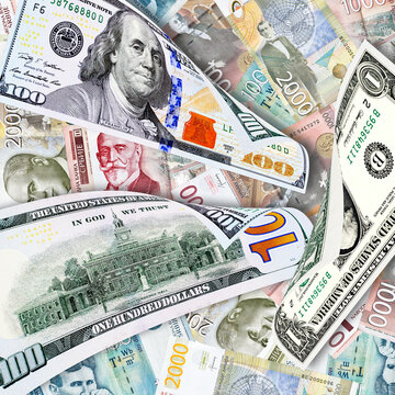 American dollar bills on the background of banknotes of Serbian dinar