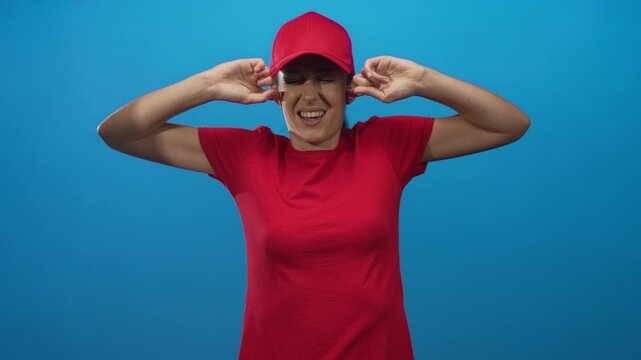 Woman plugging ears with fingers and squinting in blue studio wearing red cap and t shirt; irritation noise.