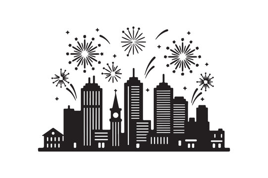 City Skyline Silhouette with Fireworks Illustration