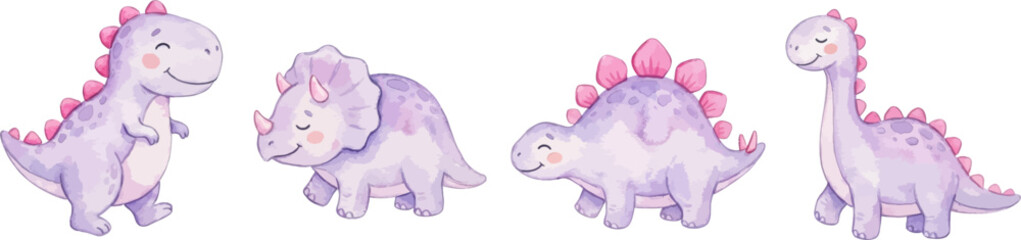 Fototapeta premium Watercolor cute dinosaurs clipart set for kids