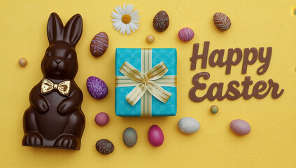 Chocolate Easter bunny with gift and colorful eggs on yellow background chocolate bunny Easter gift