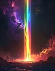 Fototapeta premium Rainbow Colored Light Beam Ascent to the Starry Galaxy Space Art