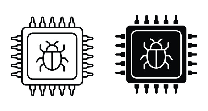 Set of outline and solid icons showing a bug inside a computer processor chip